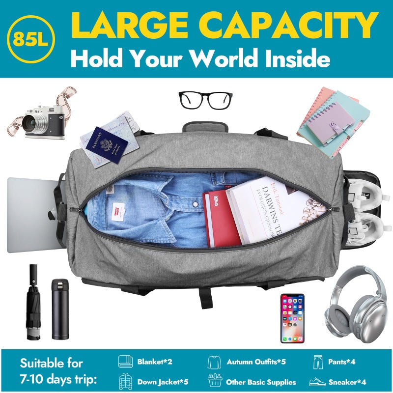 Canway 85L Travel Duffel Bag, Foldable Weekender Bag with Shoes Compartment for Men Women Water-proof & Tear Resistant - Image 3